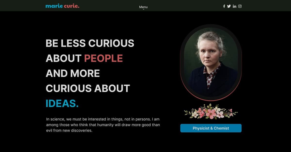 Marie Curie portfolio website image